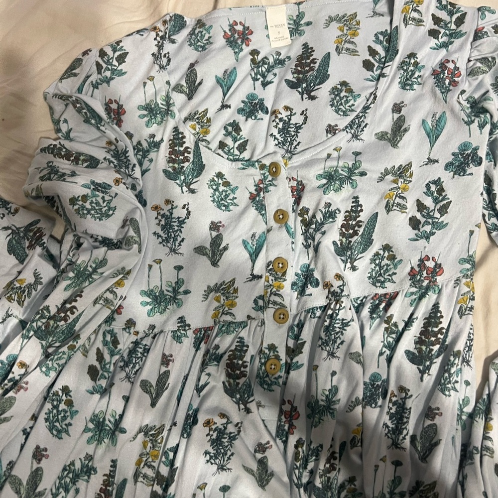 Kate Quinn women’s long sleeve prairie dress— beechwood modal blue litho floral